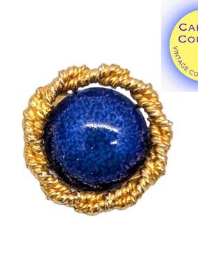 Vintage 1980s Signed Bijoux Cascio Italy Round Goldtone Cabochon Faux-Lapis Pin